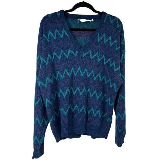 Vintage Sweaters - Vintage Jantzen Blue Turquoise Zigzag V Neck Grandpa Sweater Sz L